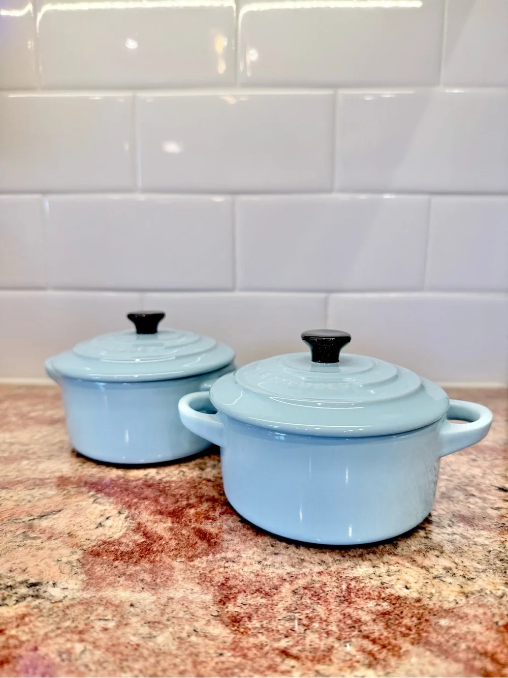 RARE Le Creuset Sky Blue Mini Round Cocotte Set of 2. NEW.
